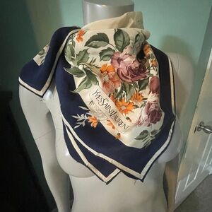 Yves Saint Laurent Floral Silk Scarf - Navy, Cream, and Orange